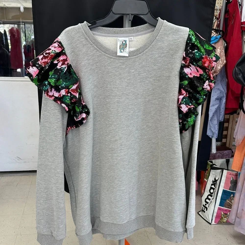QUEEN OF SPARKLES Gray Crewneck Sweatshirt with Pink & Green Sequin Ruffles